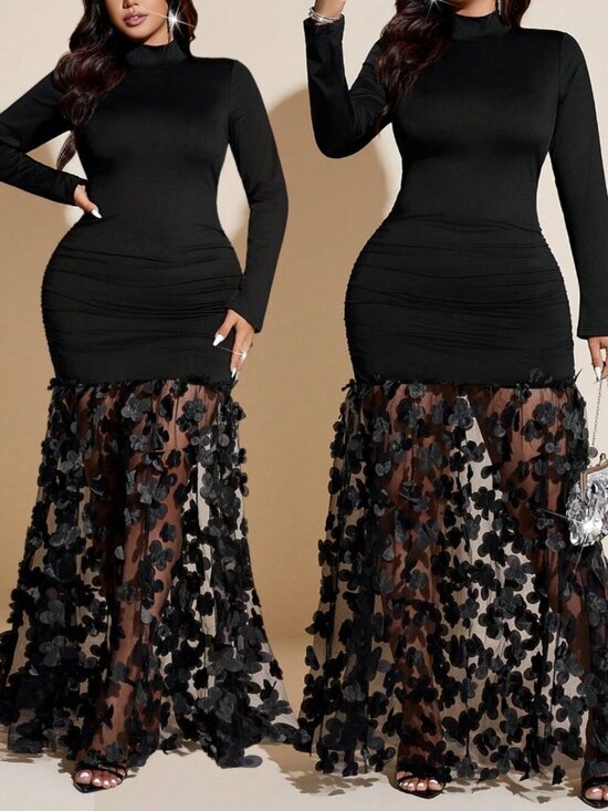 Dresses & Skirts - Women's Elegant Plus Size Bodycon Long Sleeves Mermaid Hem Maxi Dress